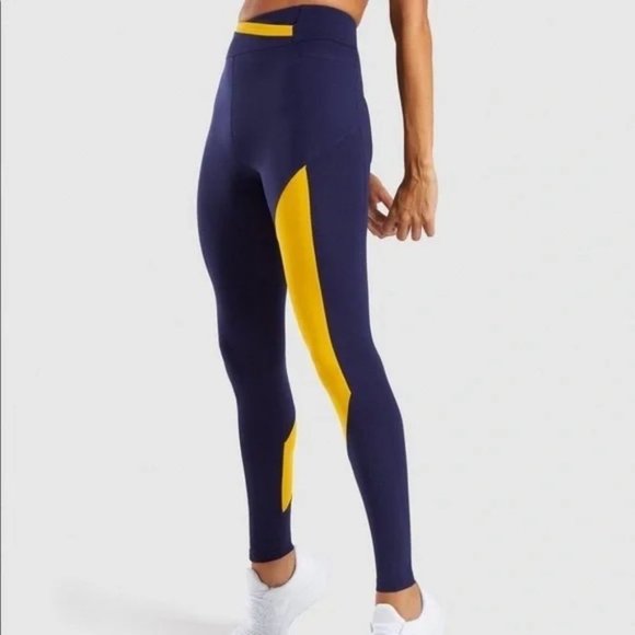 Gymshark | ASYMMETRICAL LEGGINGS High Waisted | Navy Blue Yellow | Sz. Small - Picture 2 of 8